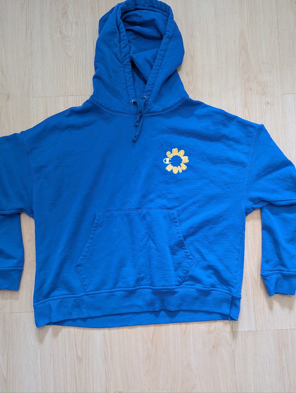 Champion Hoodie Blue Yellow Floral Logo Graphic Pullover Sweatshirt XL